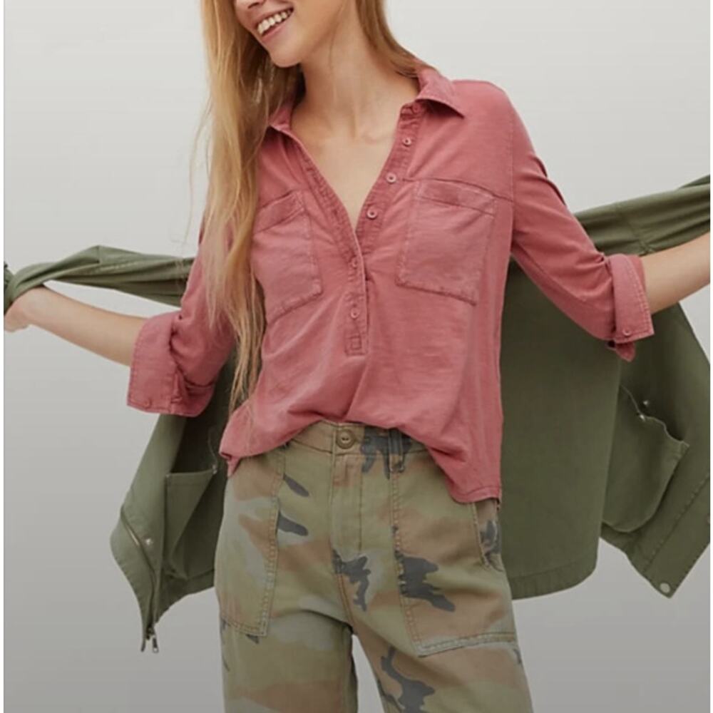 Pilcro Anthropologie Hanna Tunic Top -S- Pink Corduroy Trim Henley Boho Utility
